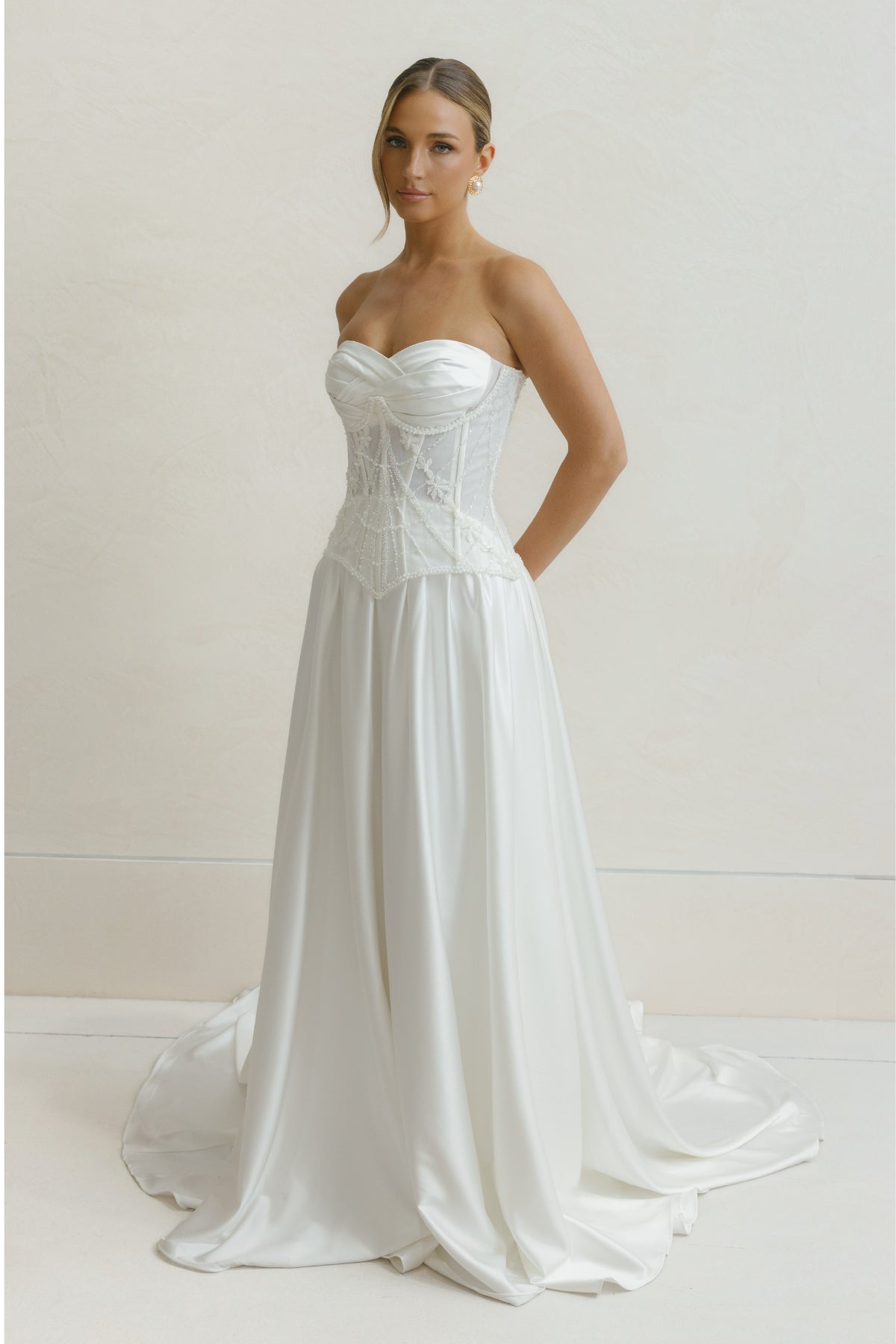 two piece Charmeuse A-line wedding gown featuring sweetheart neckline