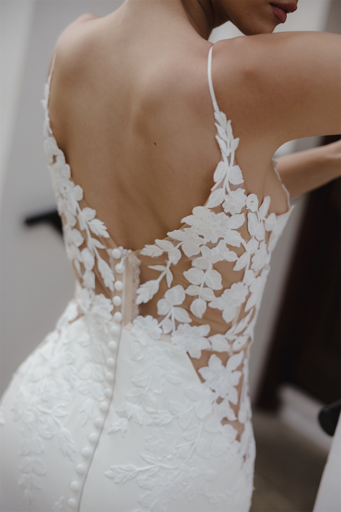 EVELYN Bridal gown - by Windsor collection Jessica Couture. Fit-n-Flare, V-plunge neckline floral lace gown with chapel train