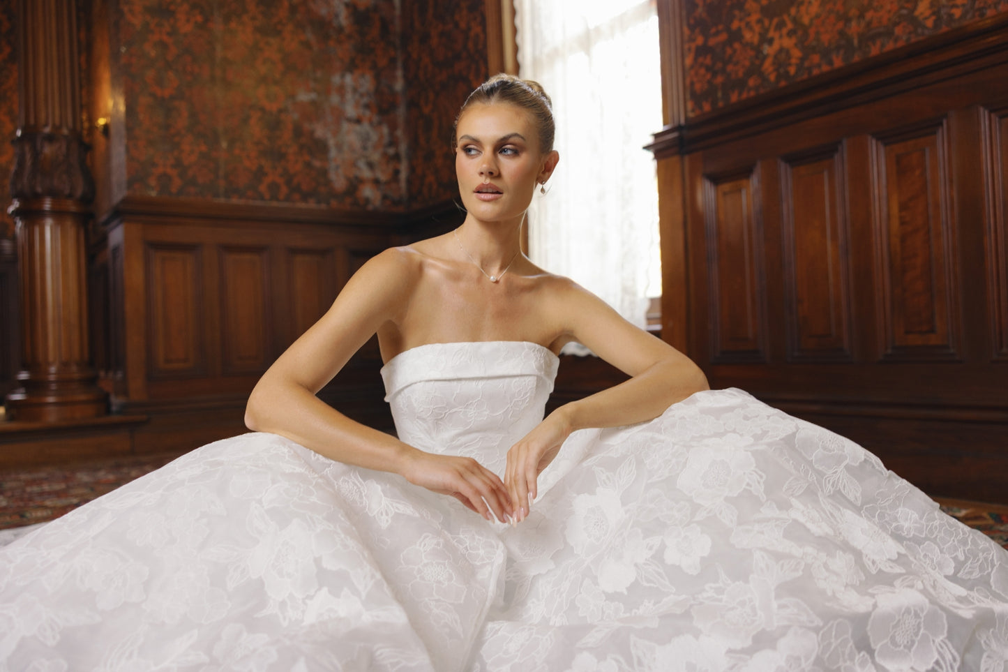 strapless A line wedding dress featuring floral lace organza.