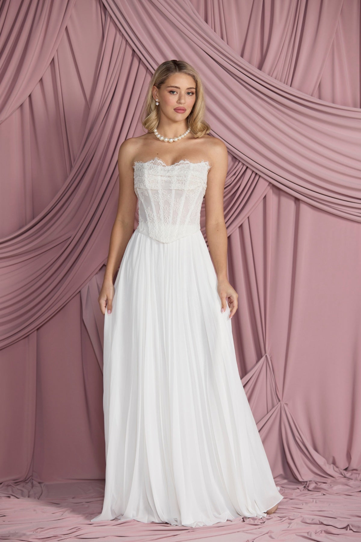 Strapless floral lace corset top with ruching over bust, bridal two piece collection.