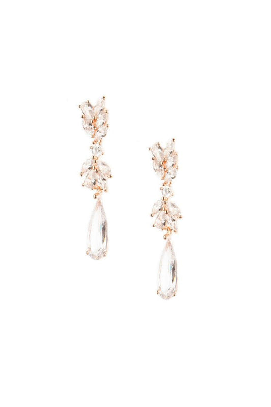 Clusters of marquise cut cubic zirconia with elongated pear cut gem dangling from the bottom. Set in rose gold.