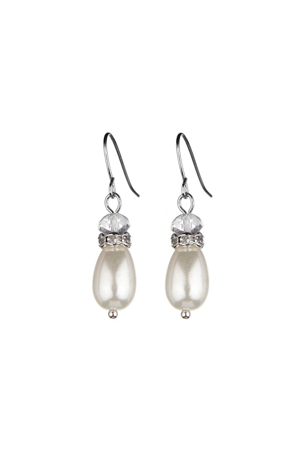 Pearl drop earrings with diamante and transparent bead accent.