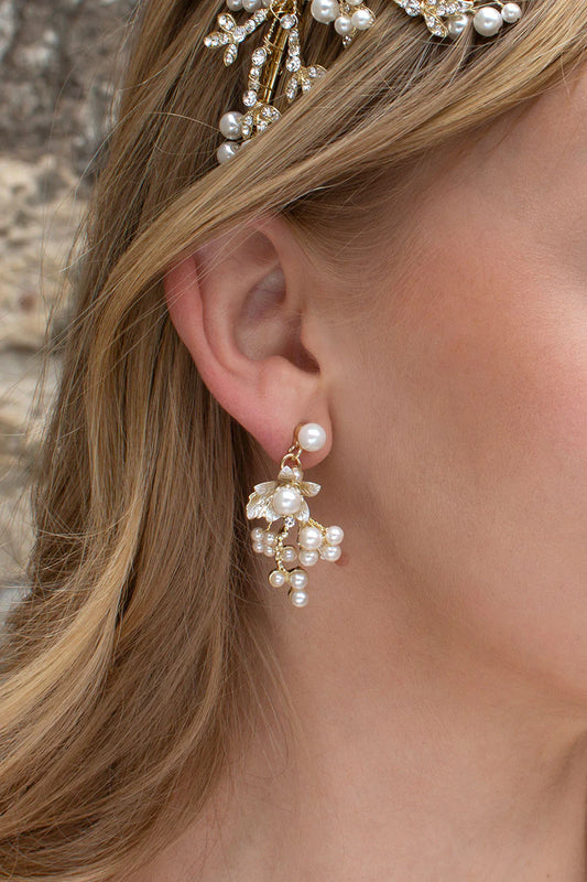 Gold pearl encrusted flower earrings in matte finish metal.