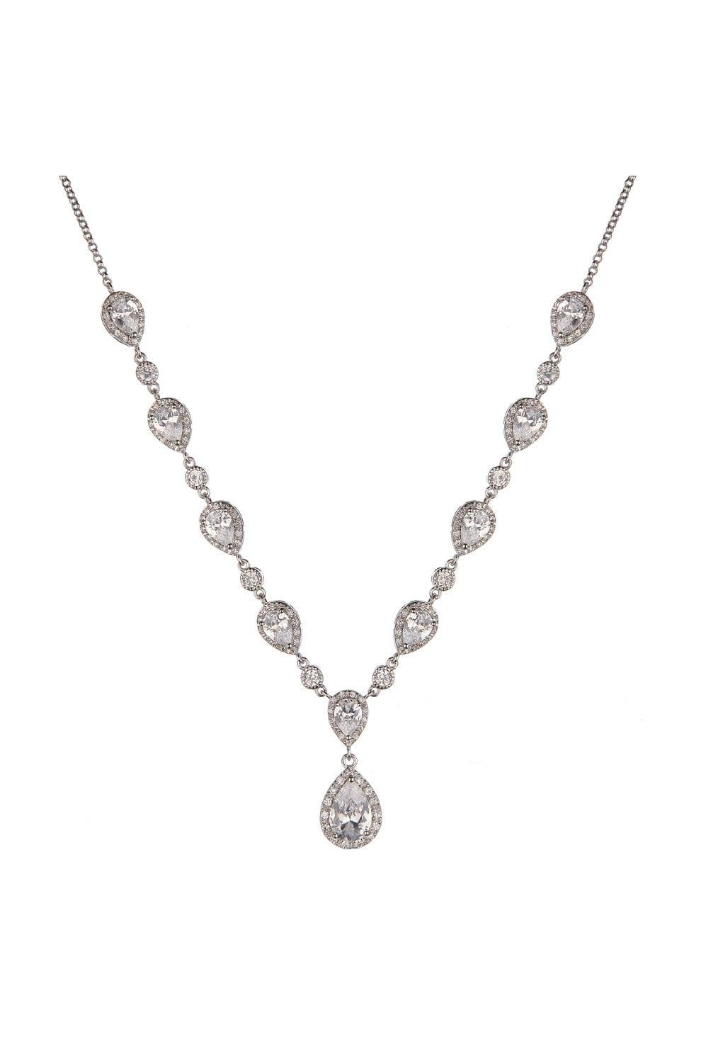 Pear cut cubic zirconia set on silver chain with teardrop drop.