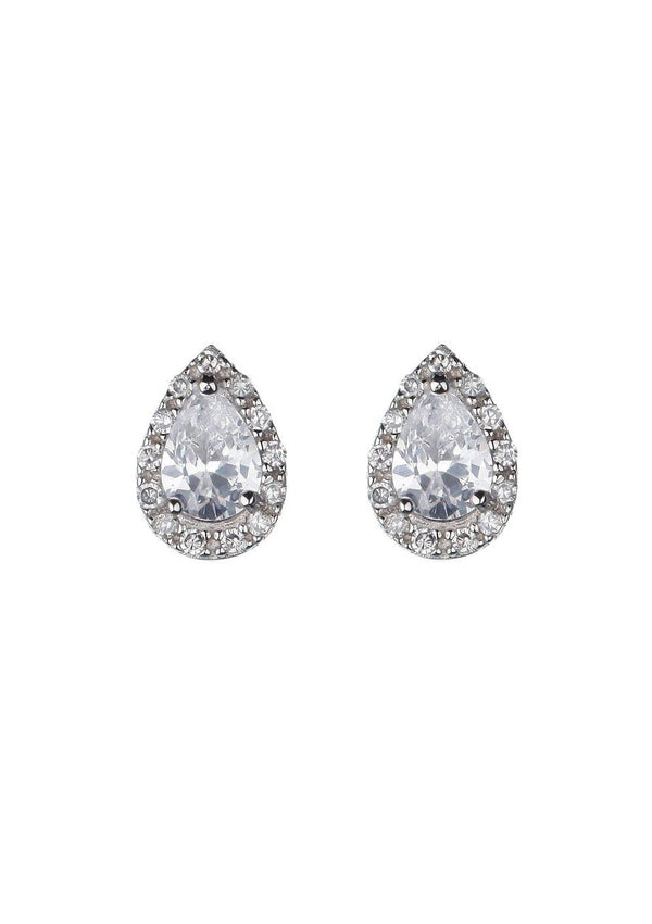 Teardrop cubic zirconia studs with a border of smaller cubic zirconia studs set in silver