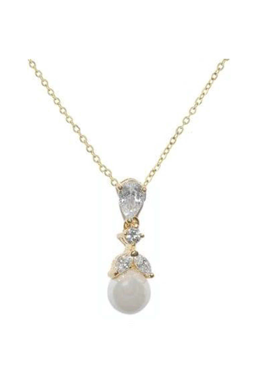 Gold necklace with cubic zirconia navette and pearl drop on a gold chain
