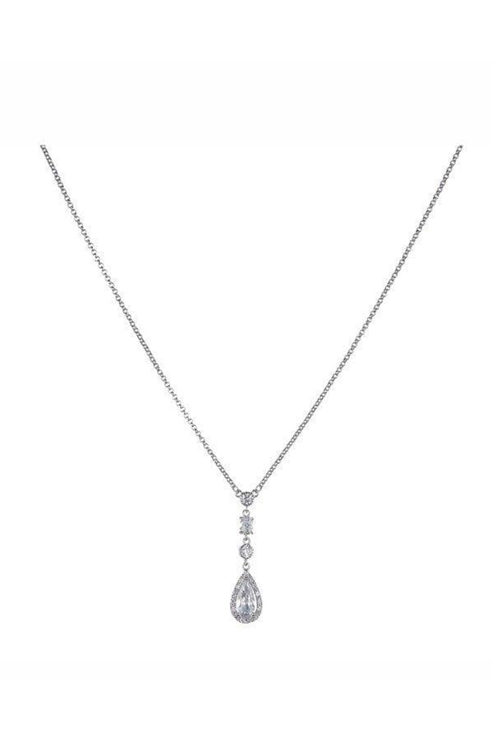Drop of different shaped cubic zirconia with a large pear cut stone. Set in silver on a silver chain.