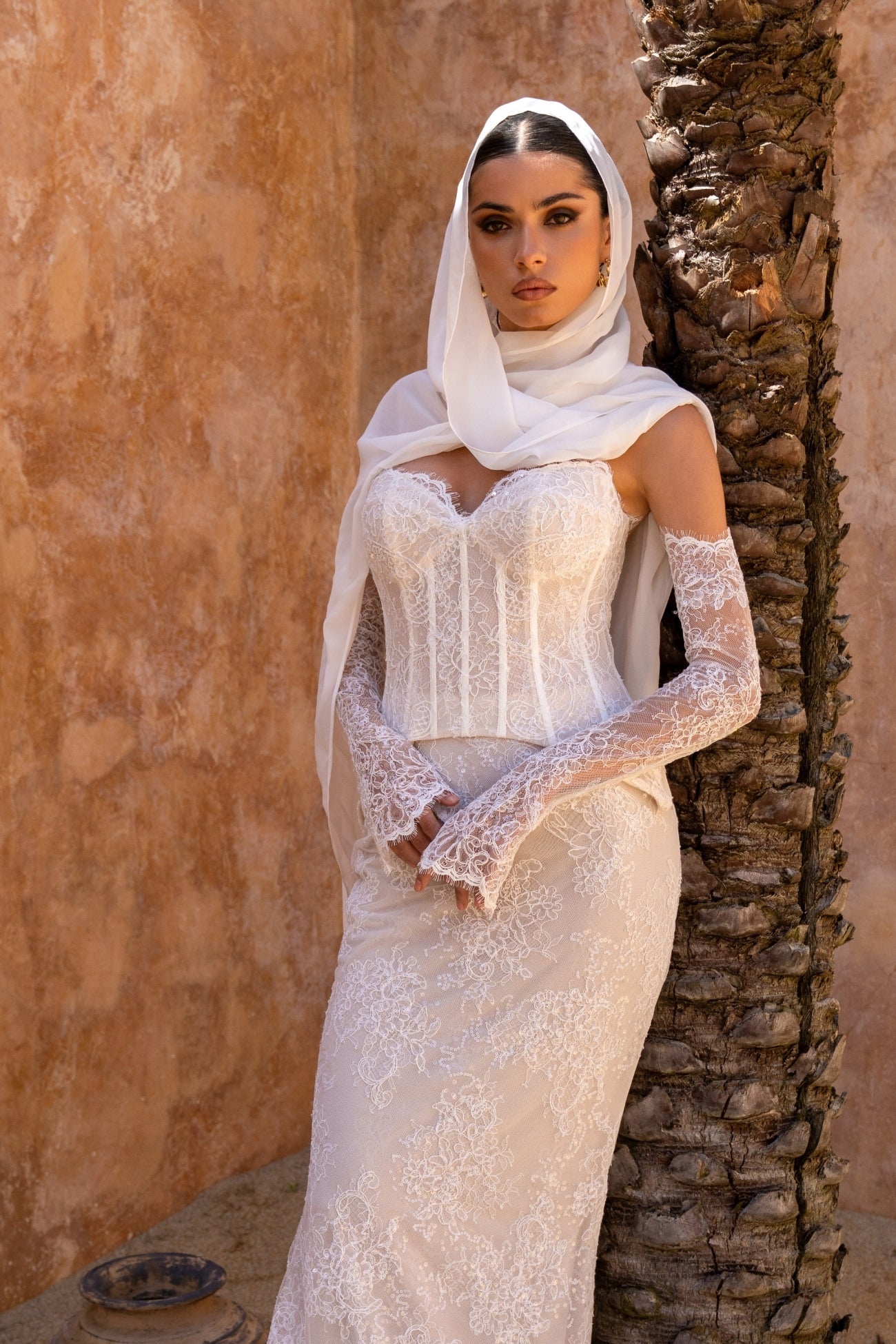 2-piece lace wedding gown, corset top and fitted skirt. paired with fitted sleeves 