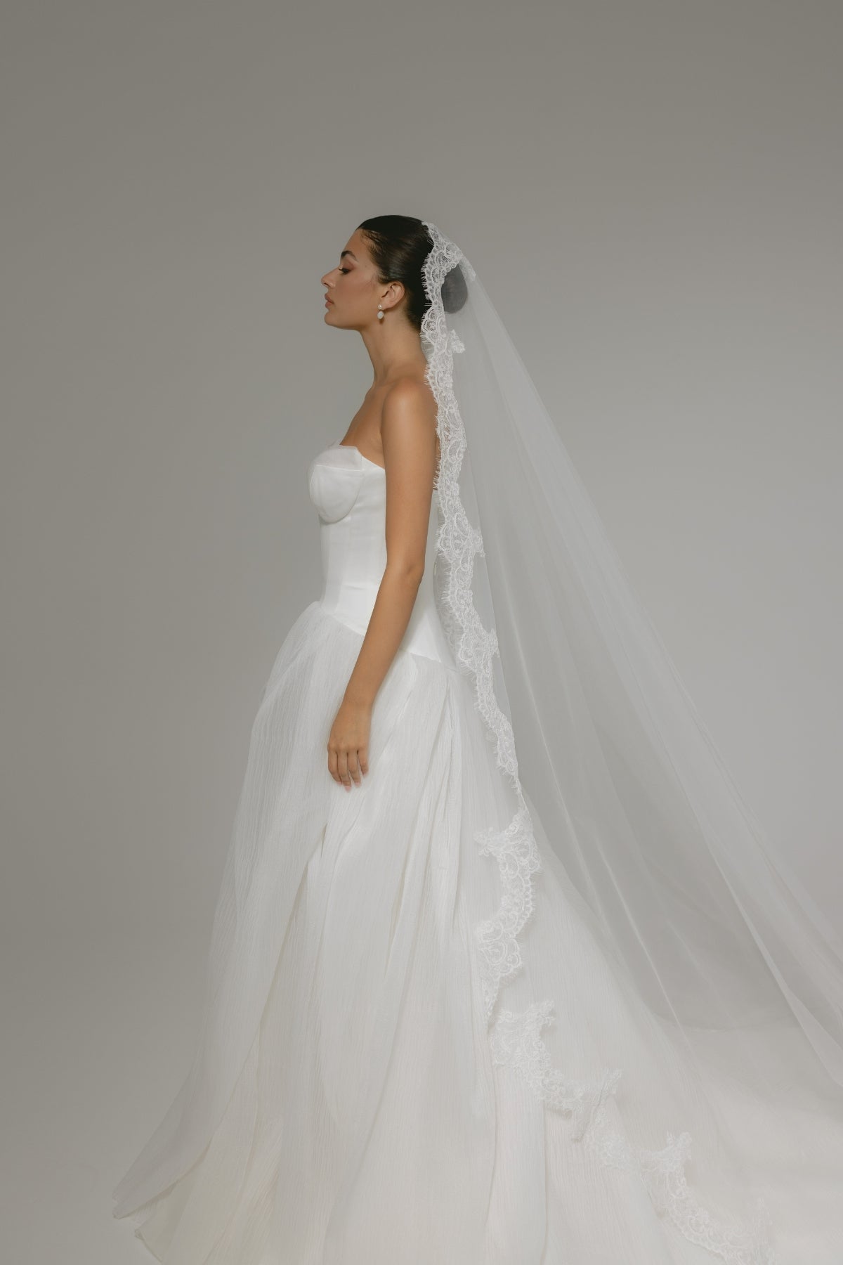 A-line wedding gown with double cups feature, modern, minimal and flowy. 