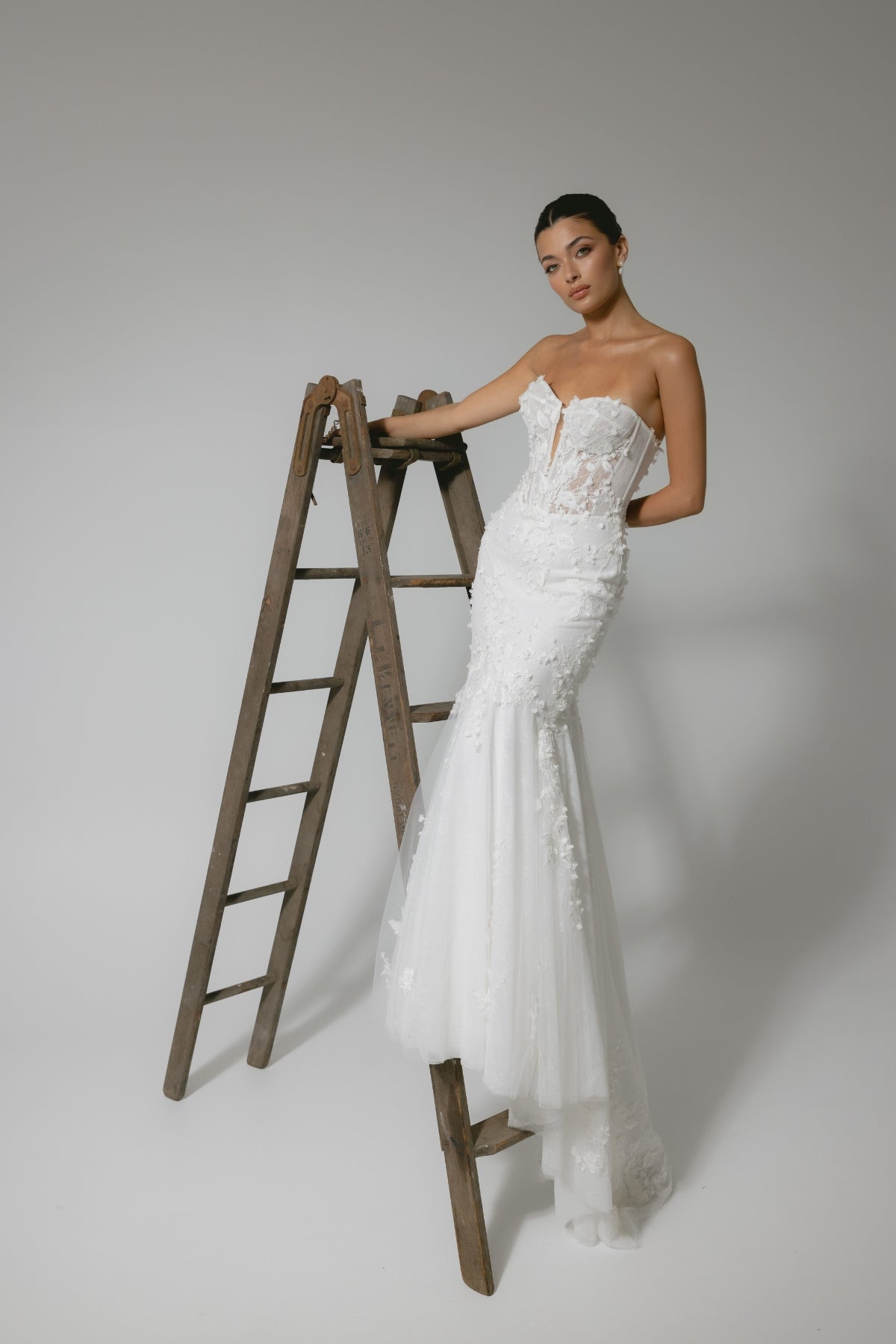 lace mermaid wedding gown, strapless sweetheart bodice with lace bolero jacket on top. 