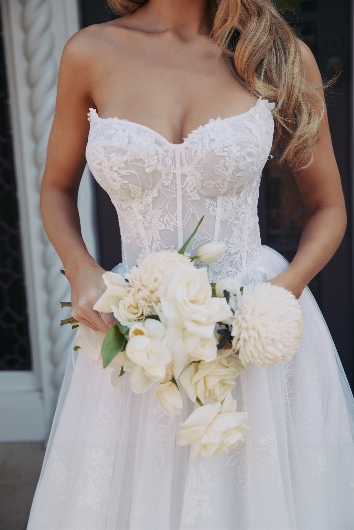 FAYE Bridal gown - By Victoria Collection Jessica Couture, featuring an A-line gown with Cat-eye bodice covered in delicate lace