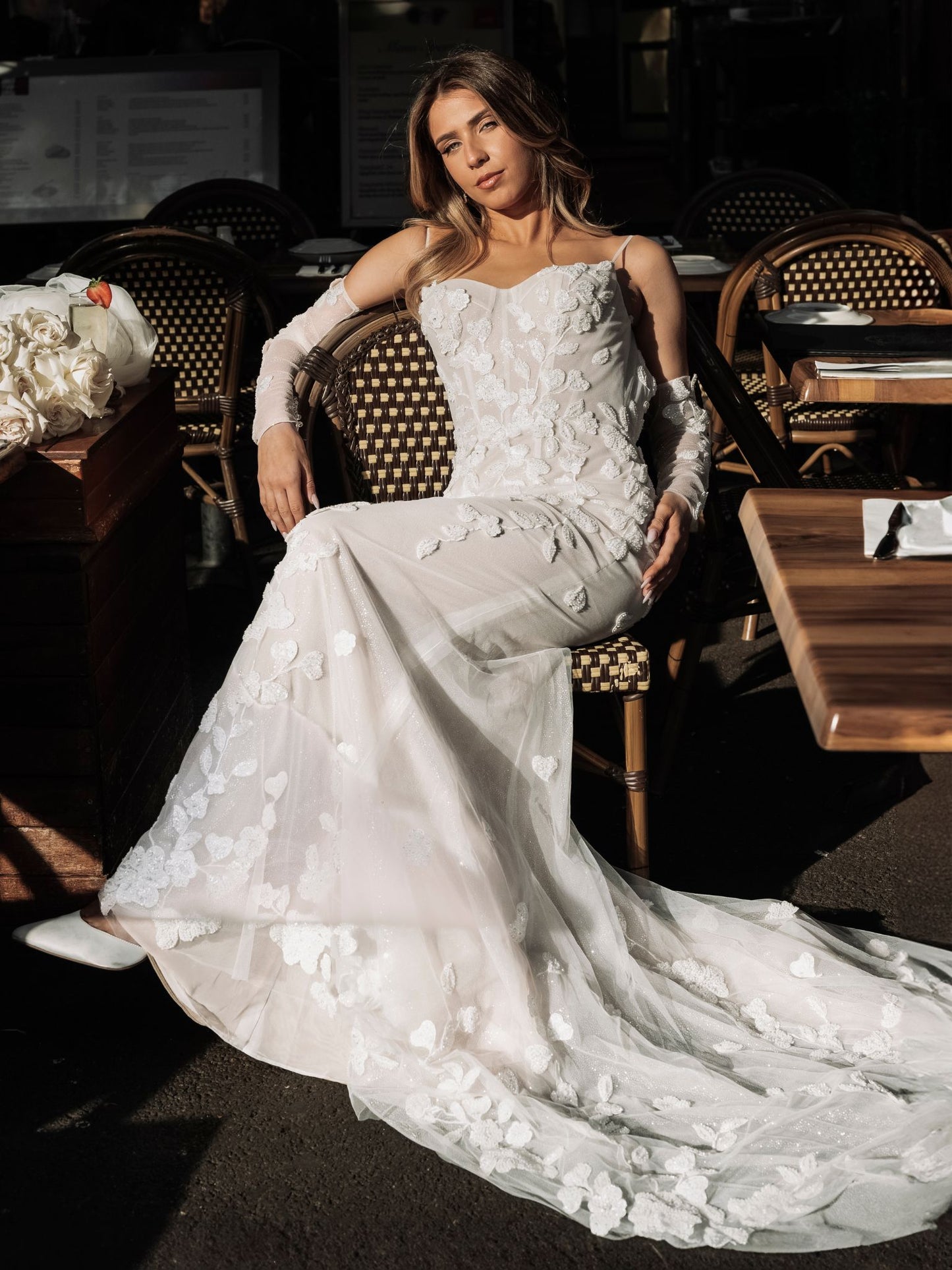 BROOKE Bridal gown - By Victoria Collection Jessica Couture, featuring an Fit-N-Flare gown covered in delicate leaf lace, low scoop back and chapel train.