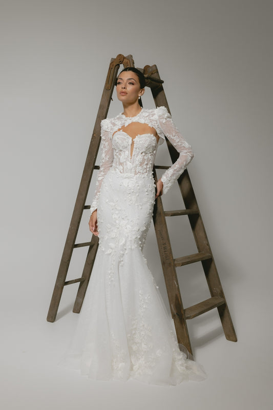 lace mermaid wedding gown, strapless sweetheart bodice with lace bolero jacket on top. 