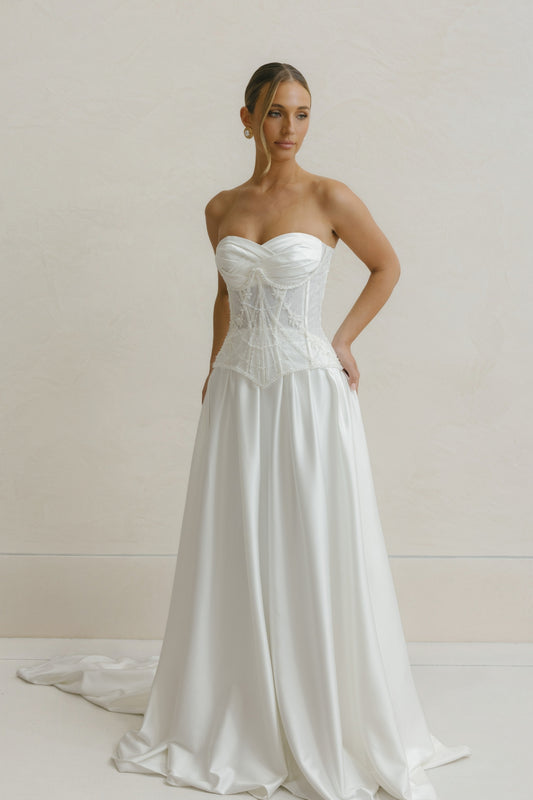 two piece Charmeuse A-line wedding gown featuring sweetheart neckline