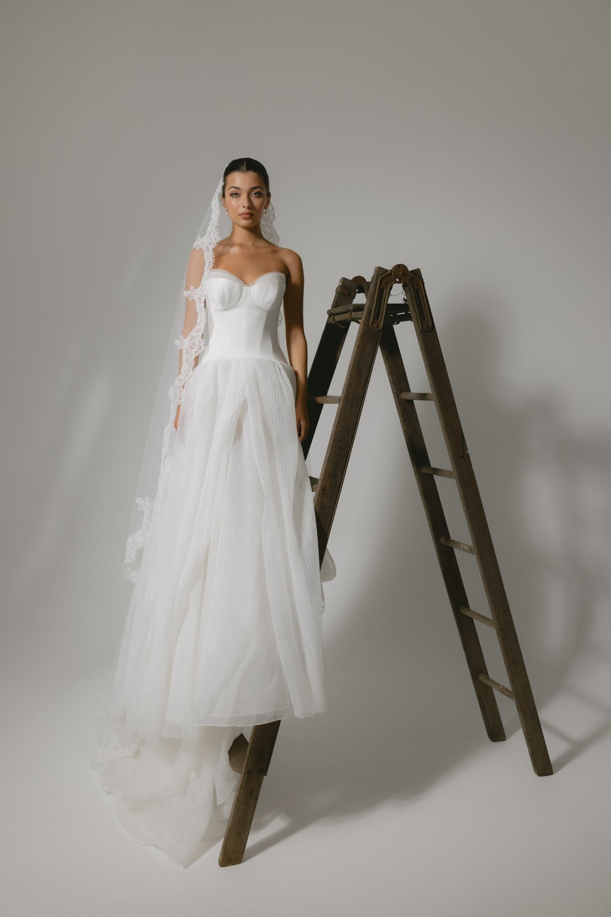 A-line wedding gown with double cups feature, modern, minimal and flowy. 