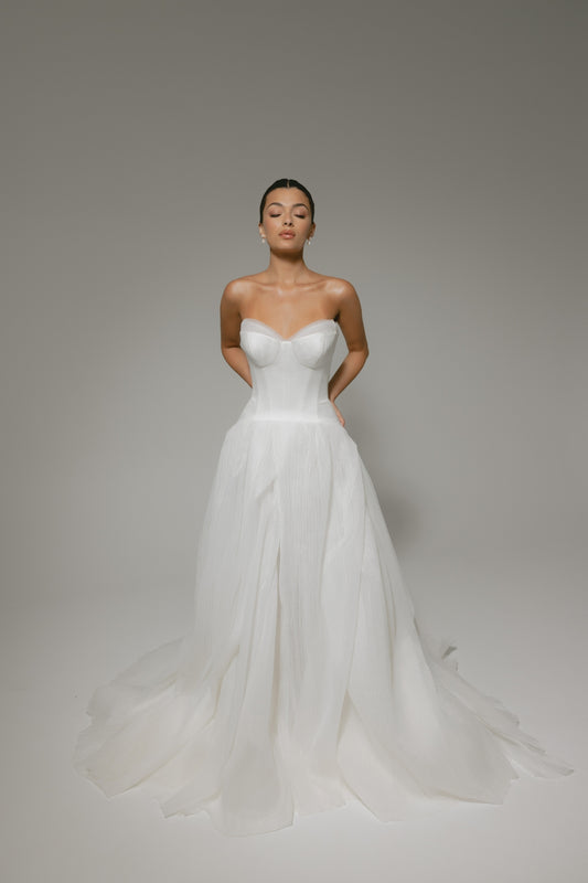 A-line wedding gown with double cups feature, modern, minimal and flowy. 