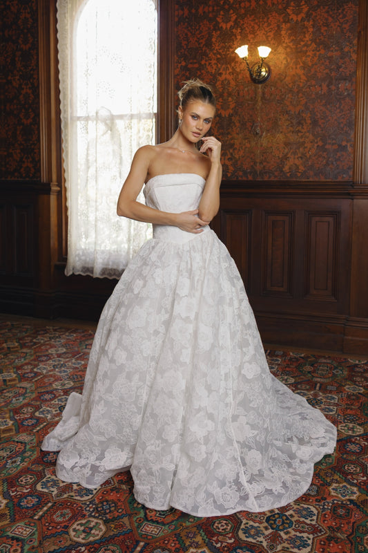 strapless A line wedding dress featuring floral lace organza. 