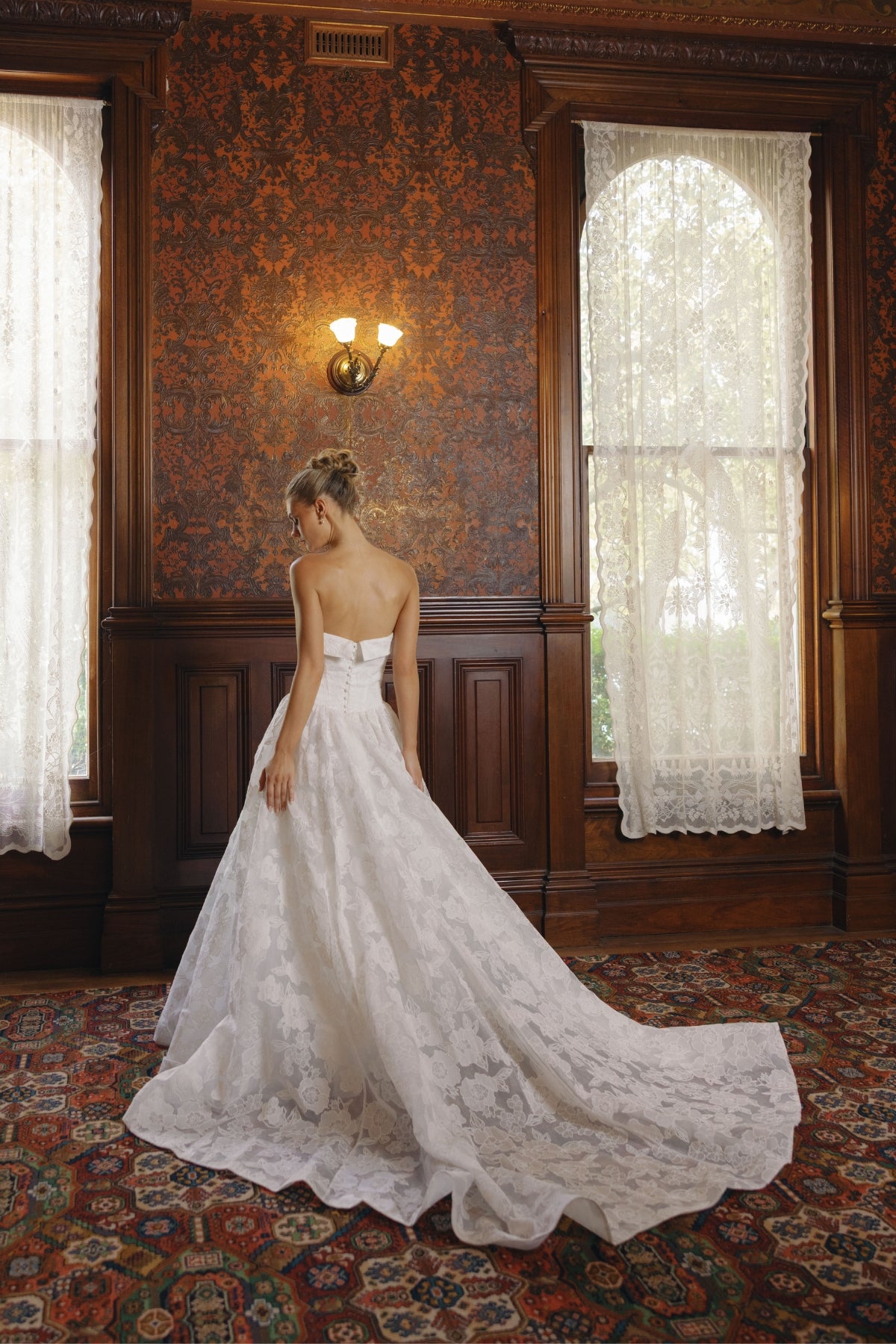 strapless A line wedding dress featuring floral lace organza. 