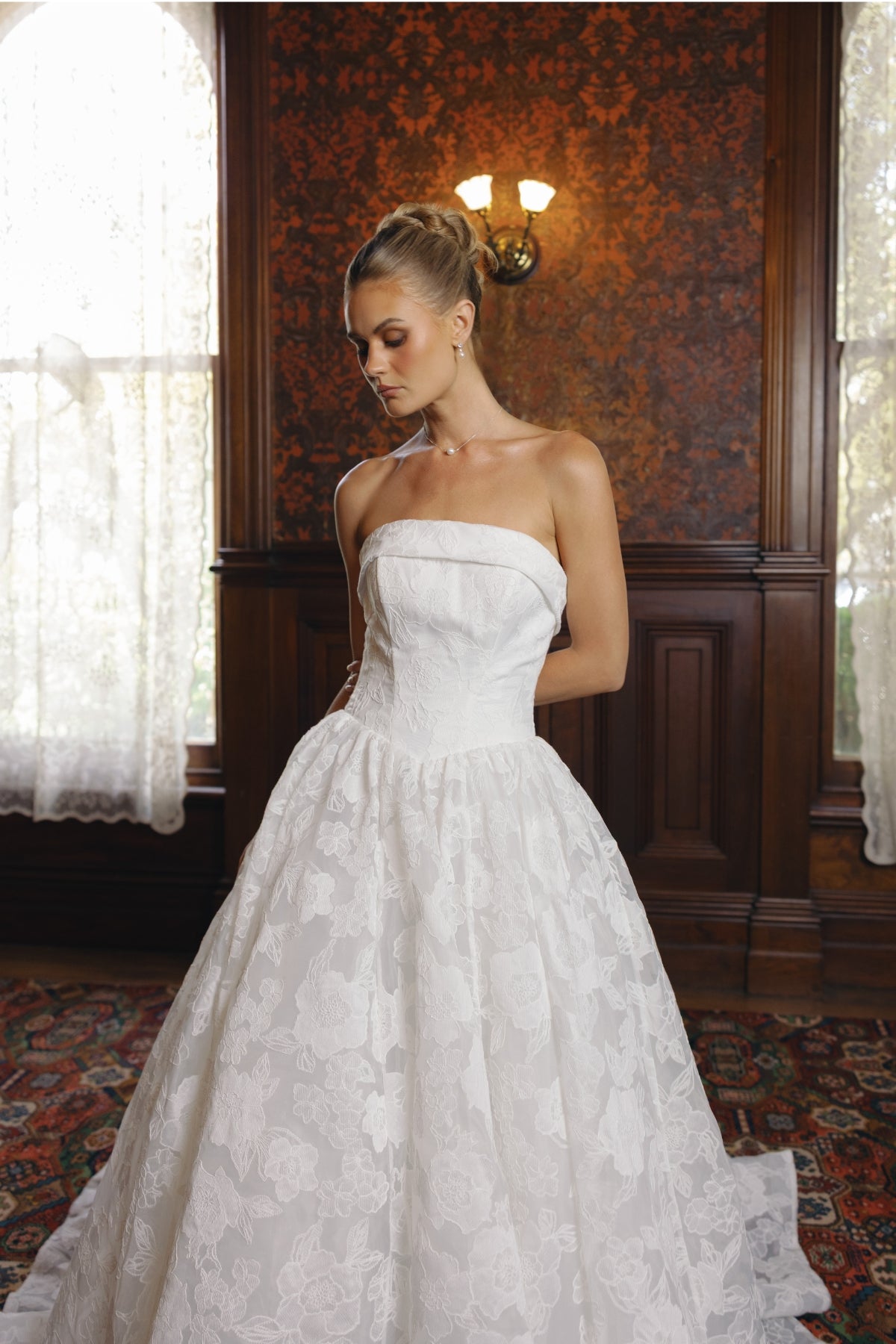 strapless A line wedding dress featuring floral lace organza. 