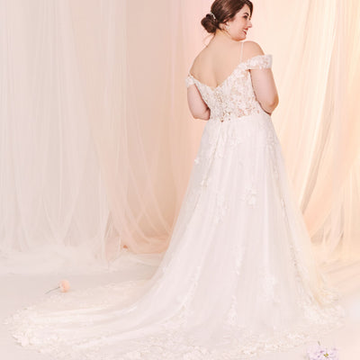 Off-the-shoulder V-neck A-line wedding dress.