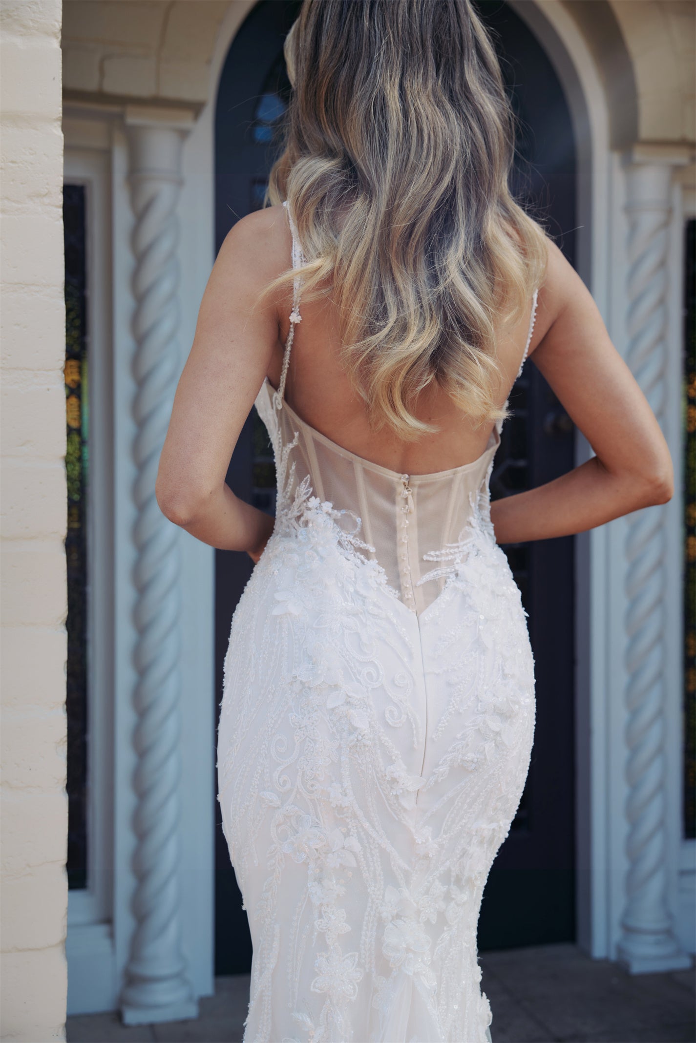 DAPHNE Bridal Gown - Wedding dress by Victoria Collection Jessica Couture. Featuring a Fit-N-Flare Beaded lace gown with chapel train, and V-plunge neckline 