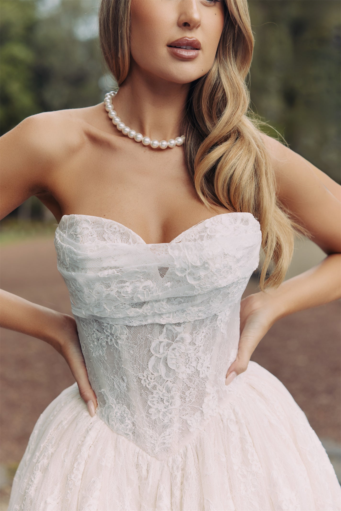 ELEANOR Bridal Gown - Wedding dress by Victoria Collection Jessica Couture. Featuring an A-line Princess ballgown with chapel train, and ruched corset Bodice with Chantilly lace. 