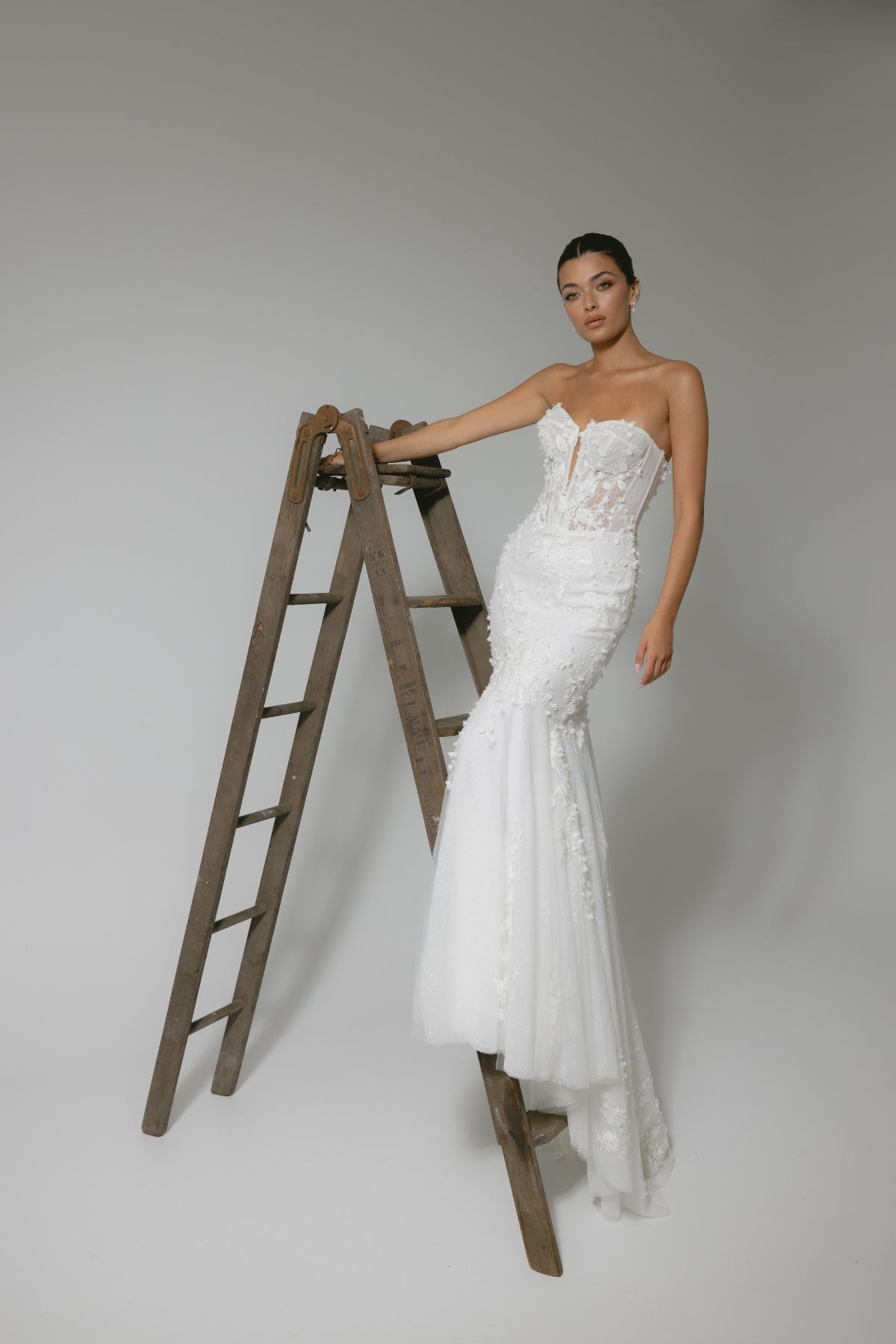 lace mermaid wedding gown, strapless sweetheart bodice with lace bolero jacket on top. 