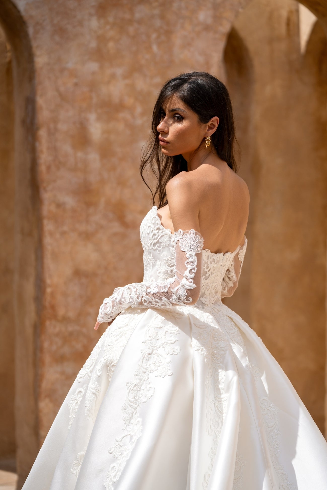 wedding gown strapless cat eye neckline, vintage lace, dramatic A line Skirt 