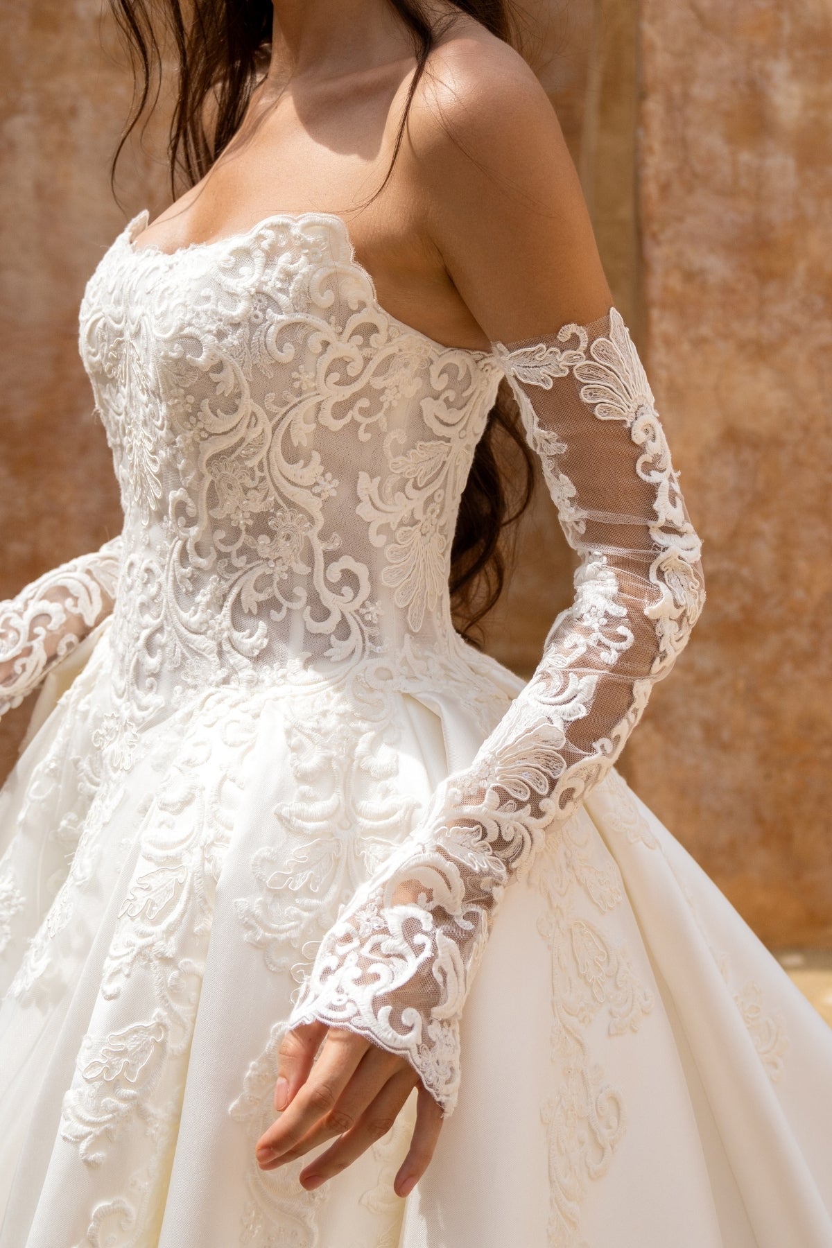 wedding gown strapless cat eye neckline, vintage lace, dramatic A line Skirt 