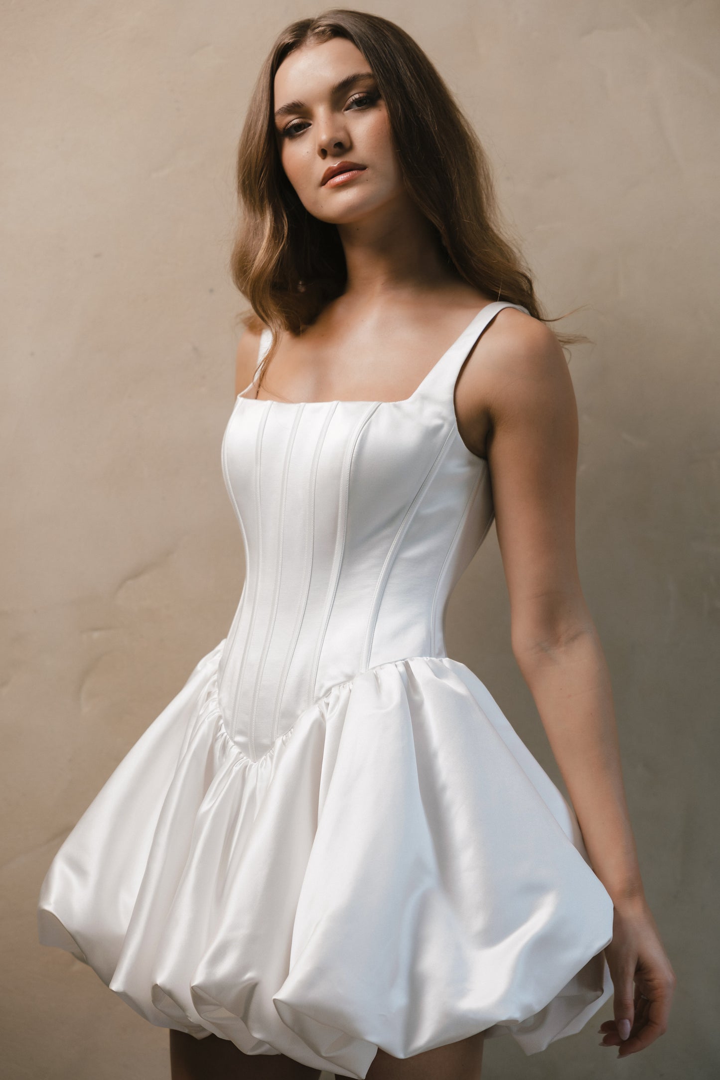 MINI bridal gown Amberley features a A-line Bubble skirt, square neckline, and corseted bodice by Roselle Collection, Jessica Couture.