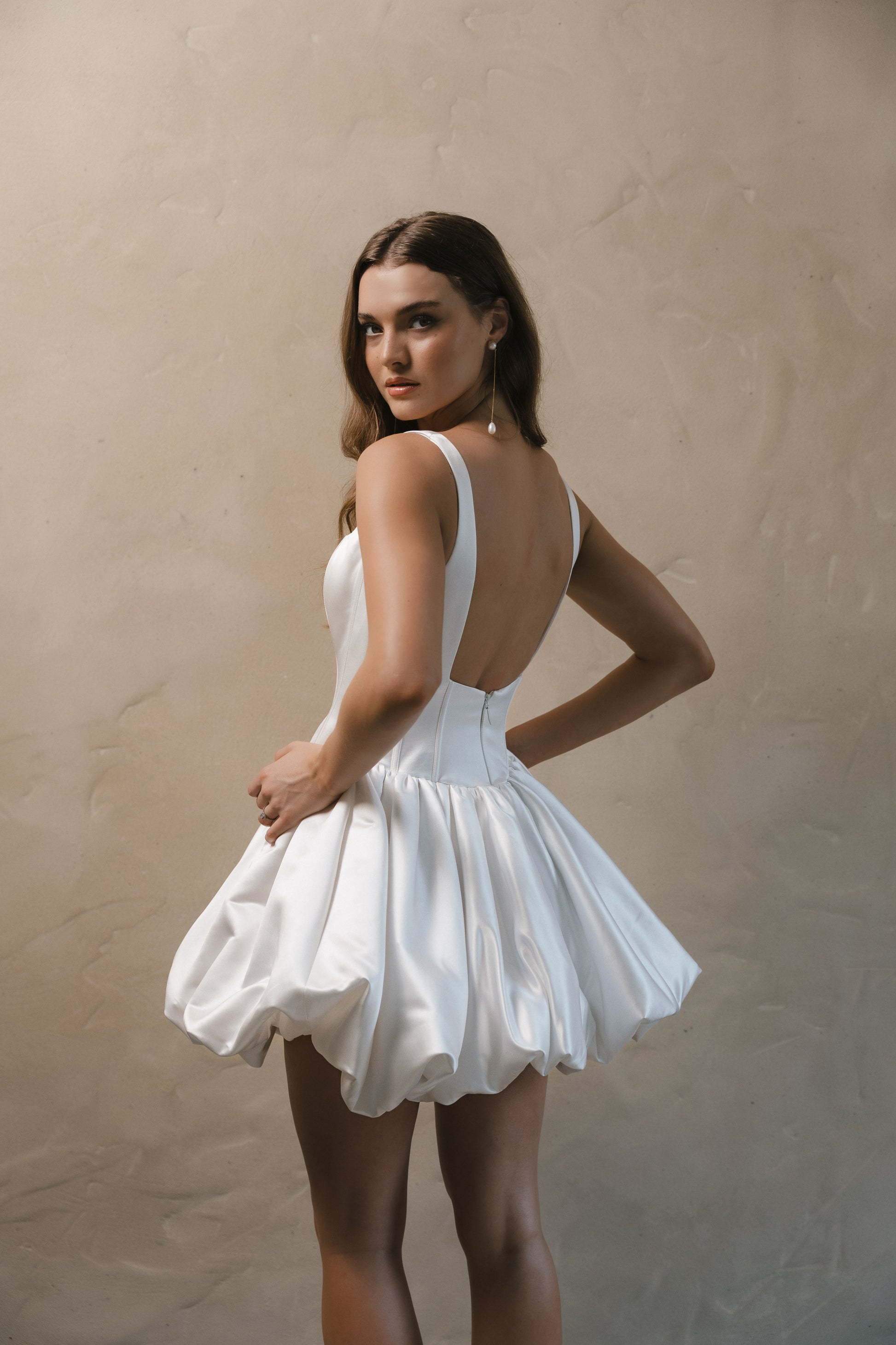 MINI bridal gown Amberley features a A-line Bubble skirt, square neckline, and corseted bodice by Roselle Collection, Jessica Couture.