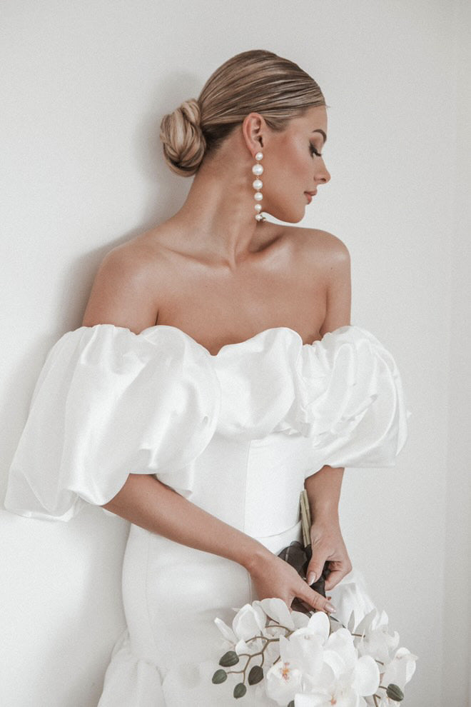 Satin ruffle mini wedding dress by Jessica Couture 