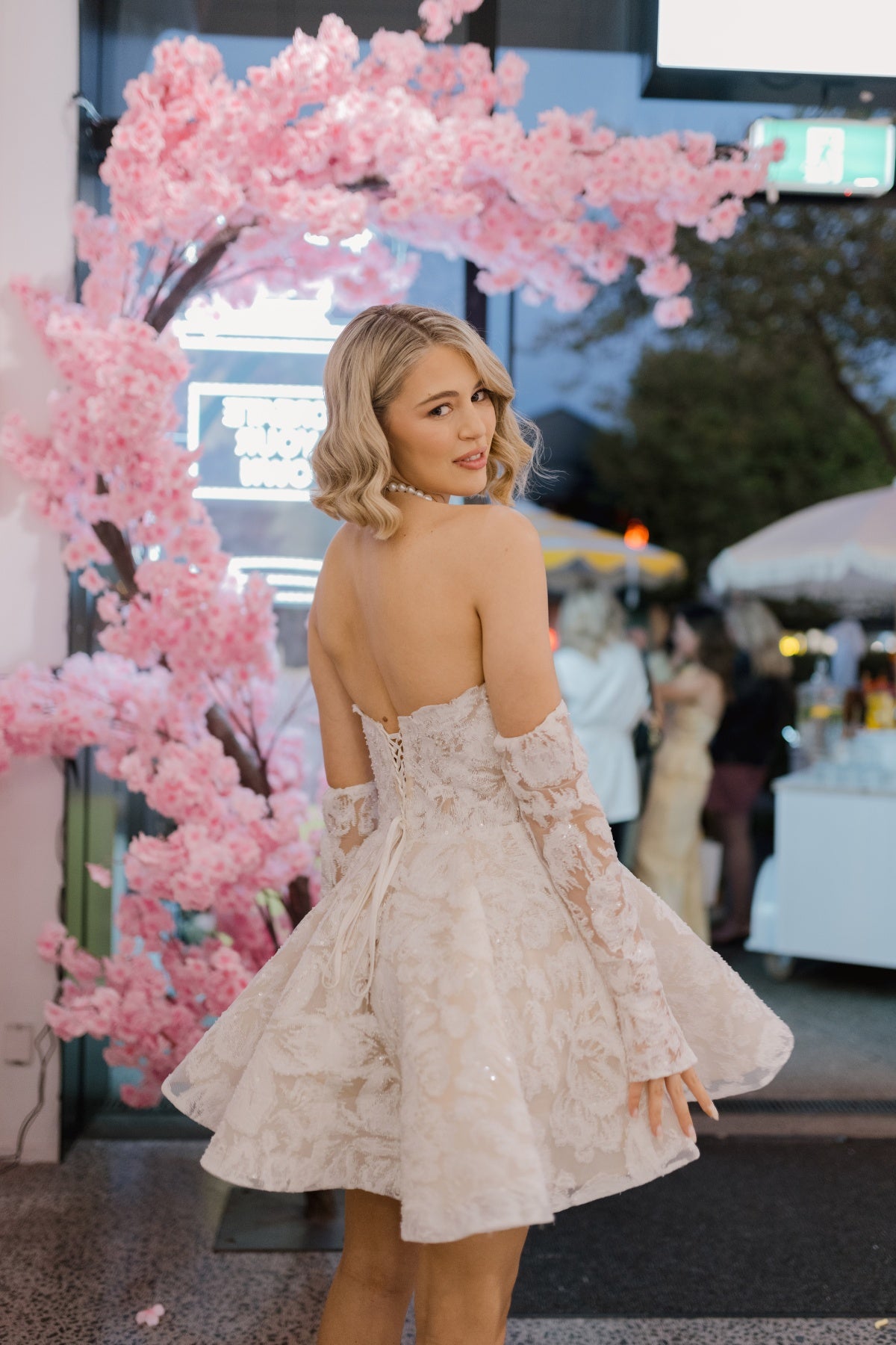 sparkling floral lace A line Mini Bridal dress 