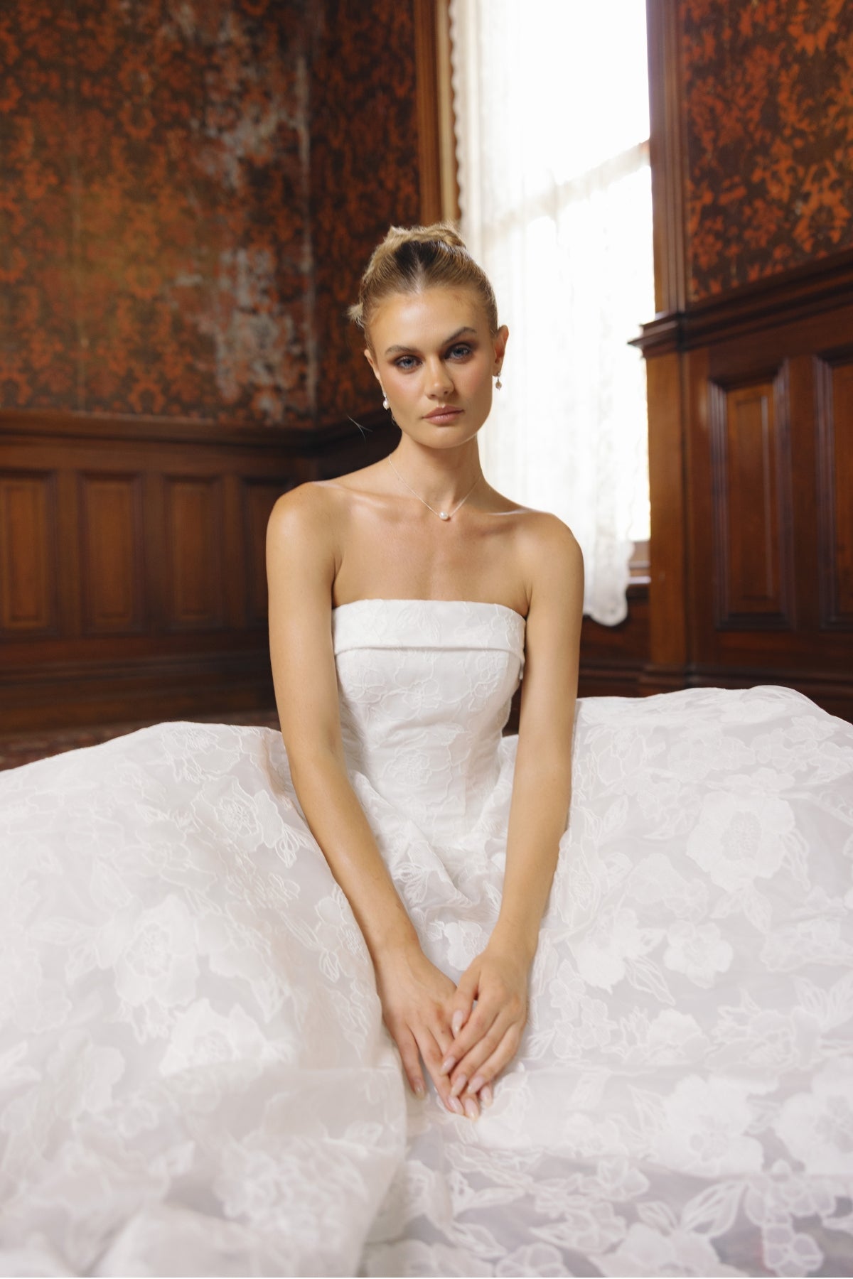 strapless A line wedding dress featuring floral lace organza. 