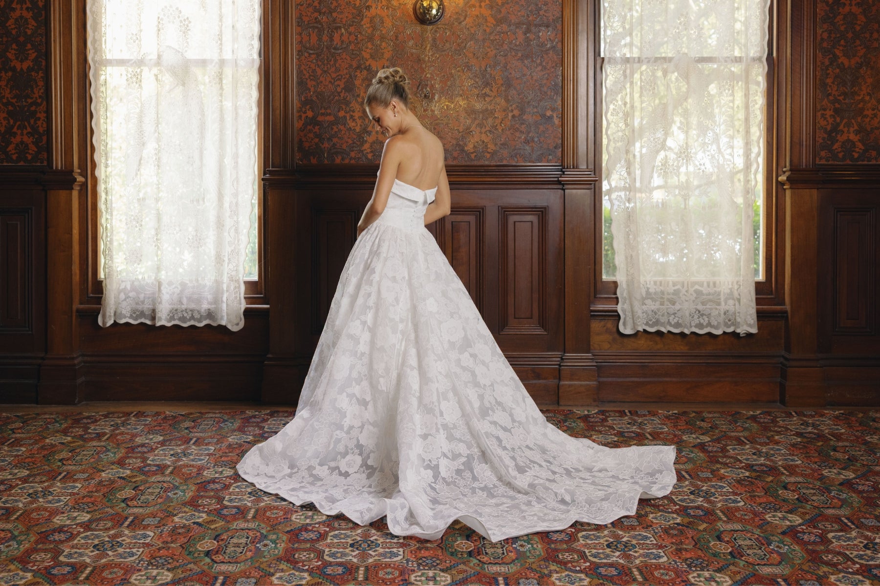 strapless A line wedding dress featuring floral lace organza. 