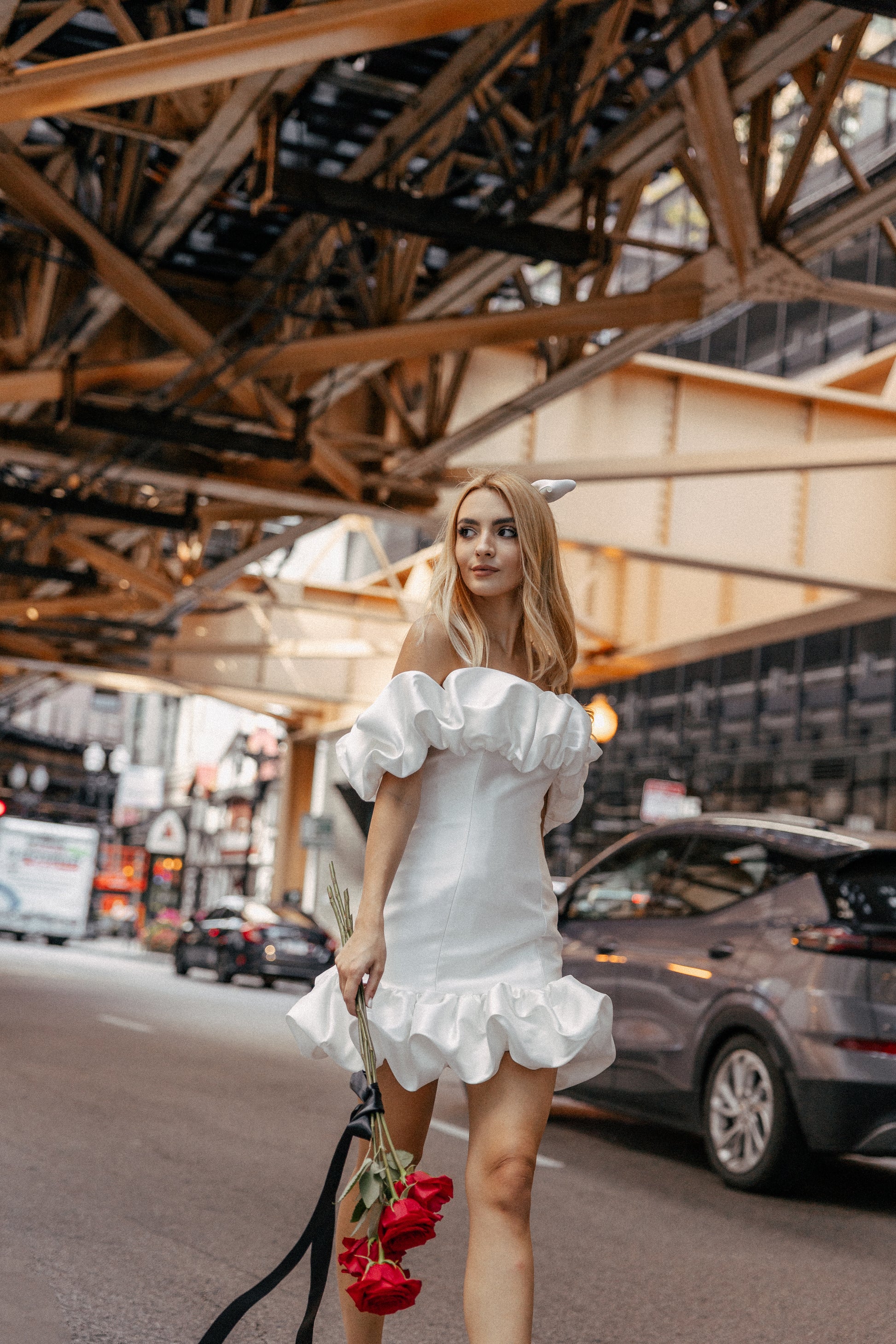 Satin ruffle mini wedding dress by Jessica Couture 