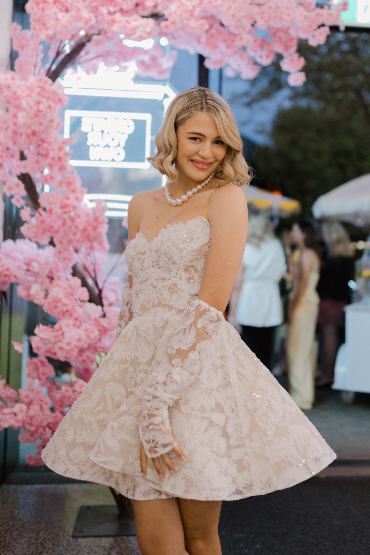 sparkling floral lace A line Mini Bridal dress 