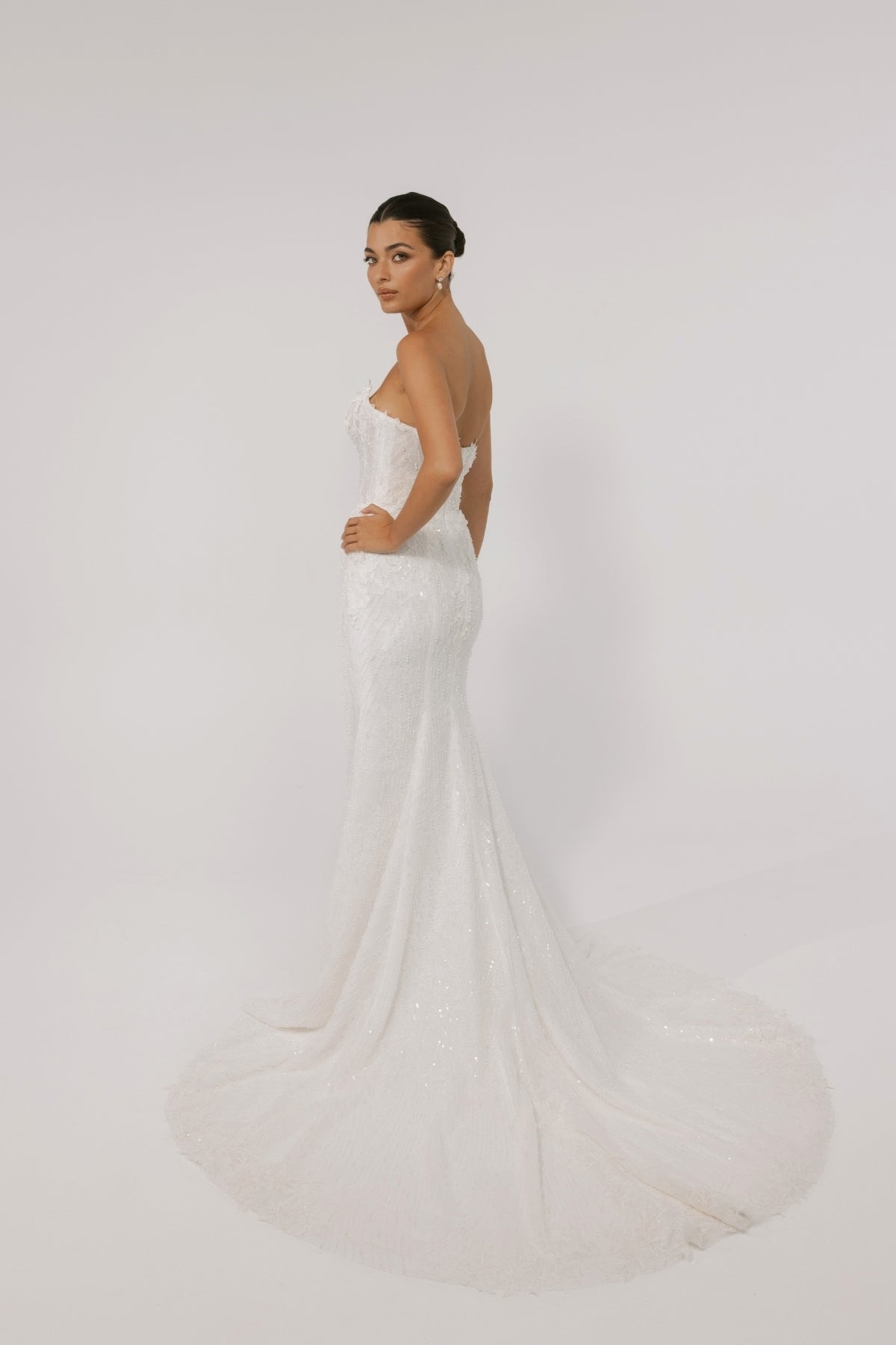 Fitted wedding gown with a deep v plunge, strapless neckline, beaded lace. 