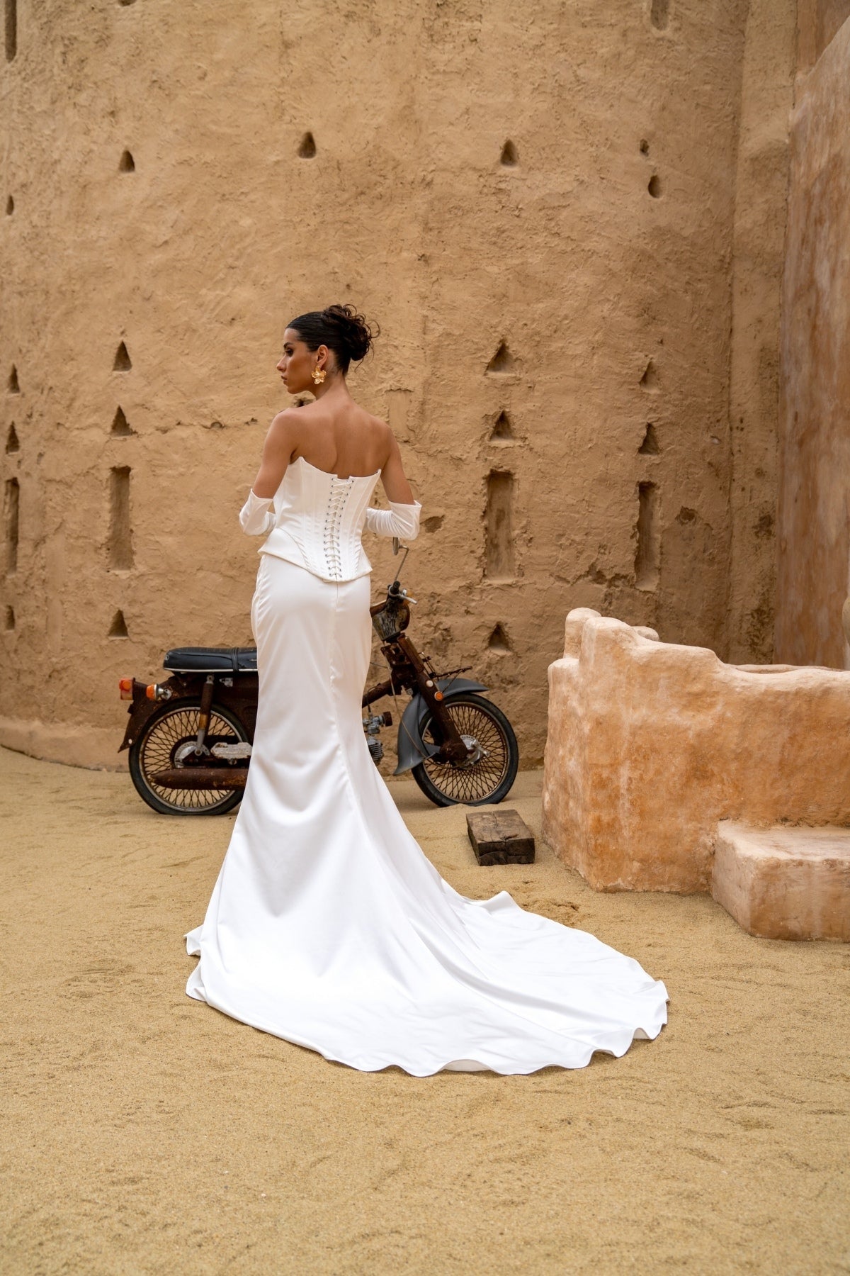 2 piece wedding gown, fitted style, minimal, corset boning. 