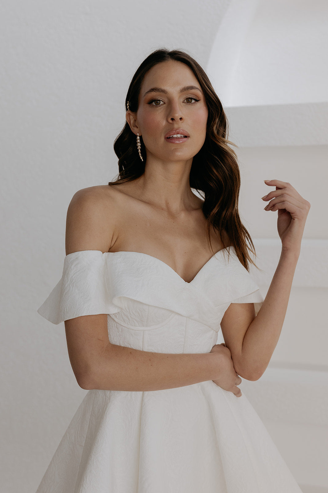 Off the shoulder mini Bridal dress A-line featuring Rose jacquard fabric 