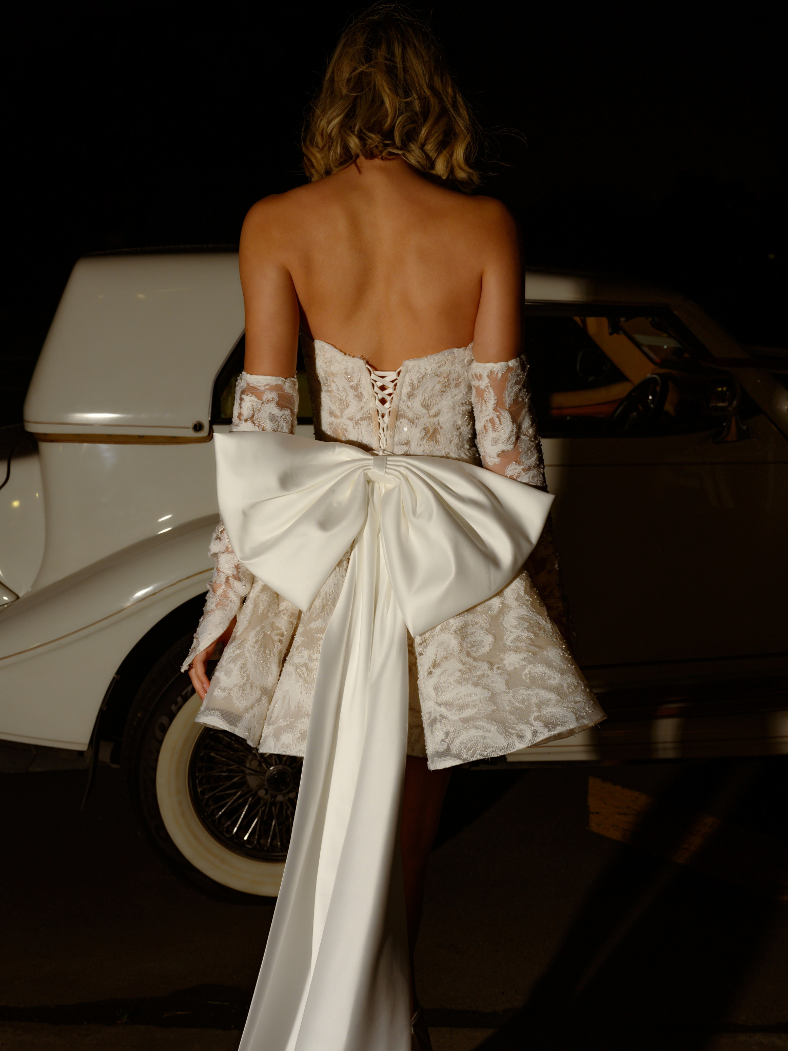 sparkling floral lace A line Mini Bridal dress 