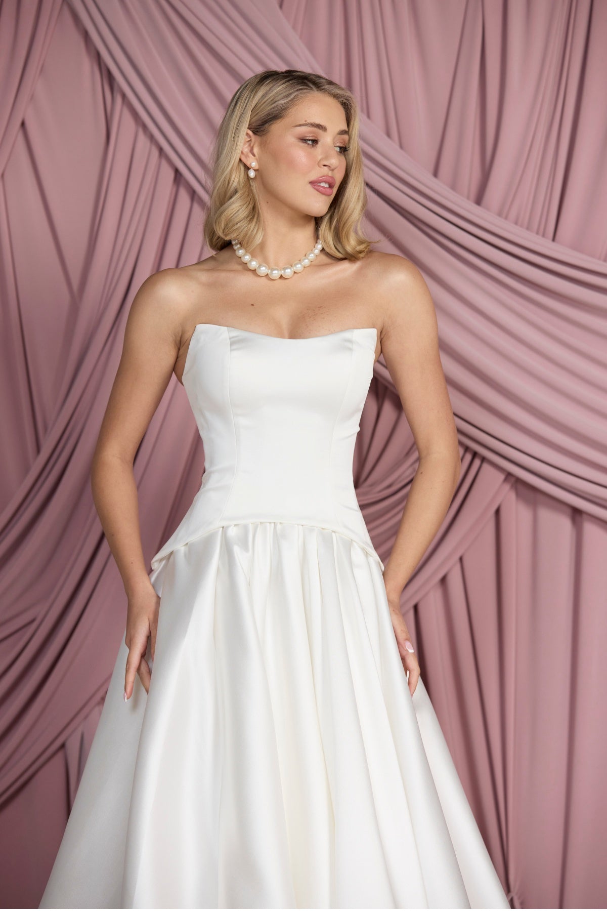 Satin corset bodice with cat-eye neckline, Bridal two piece collection 