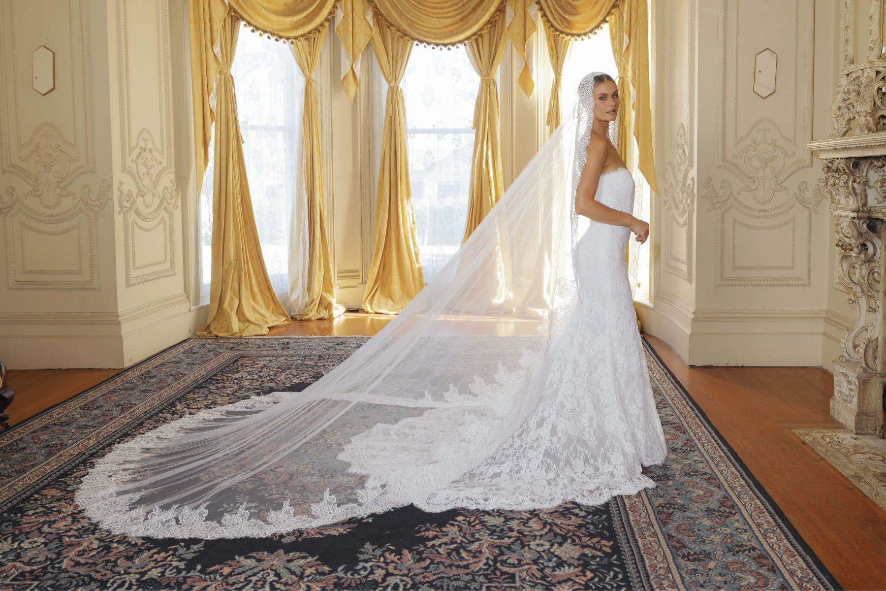 126 inch Mantilla style Cathedral length, single tier Lace veil.