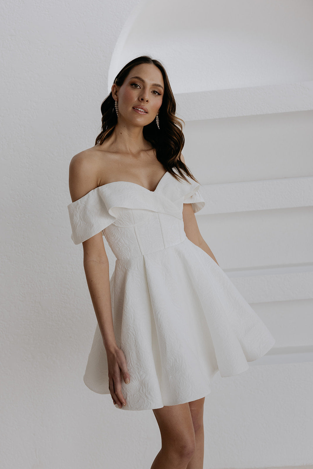 Off the shoulder mini Bridal dress A-line featuring Rose jacquard fabric 