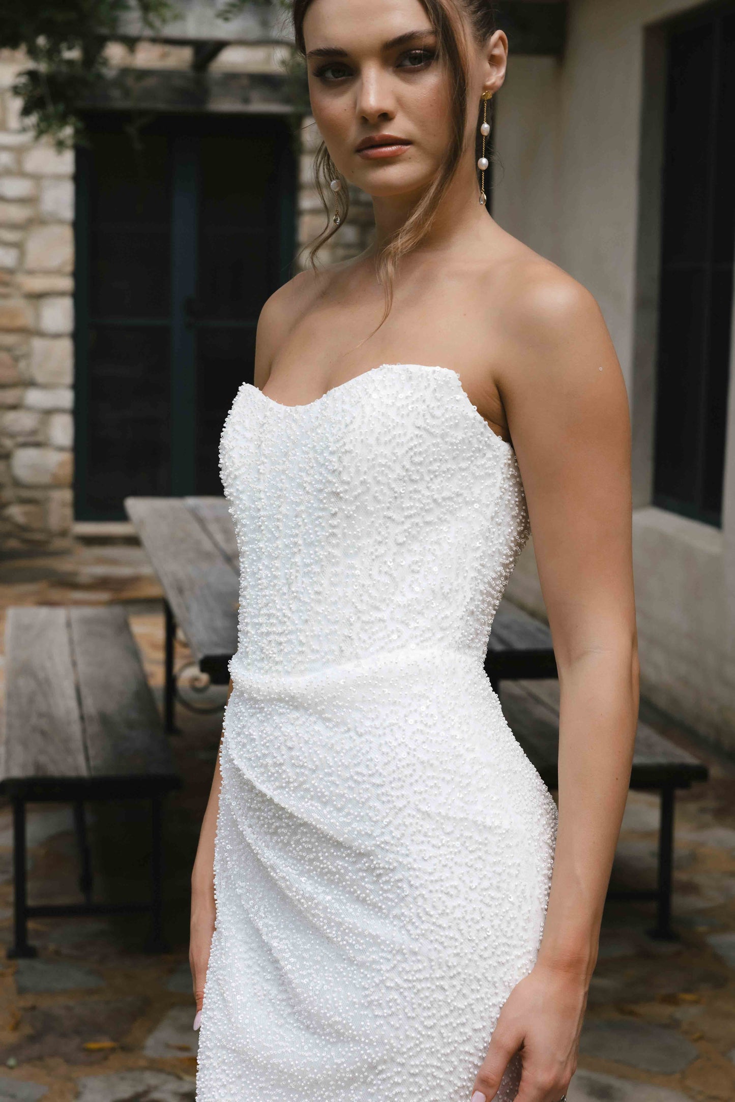 LIZZIE Gown -  Fitted Lace Bridal Dress with Pearl Beading from the Roselle Collection by Jessica Couture