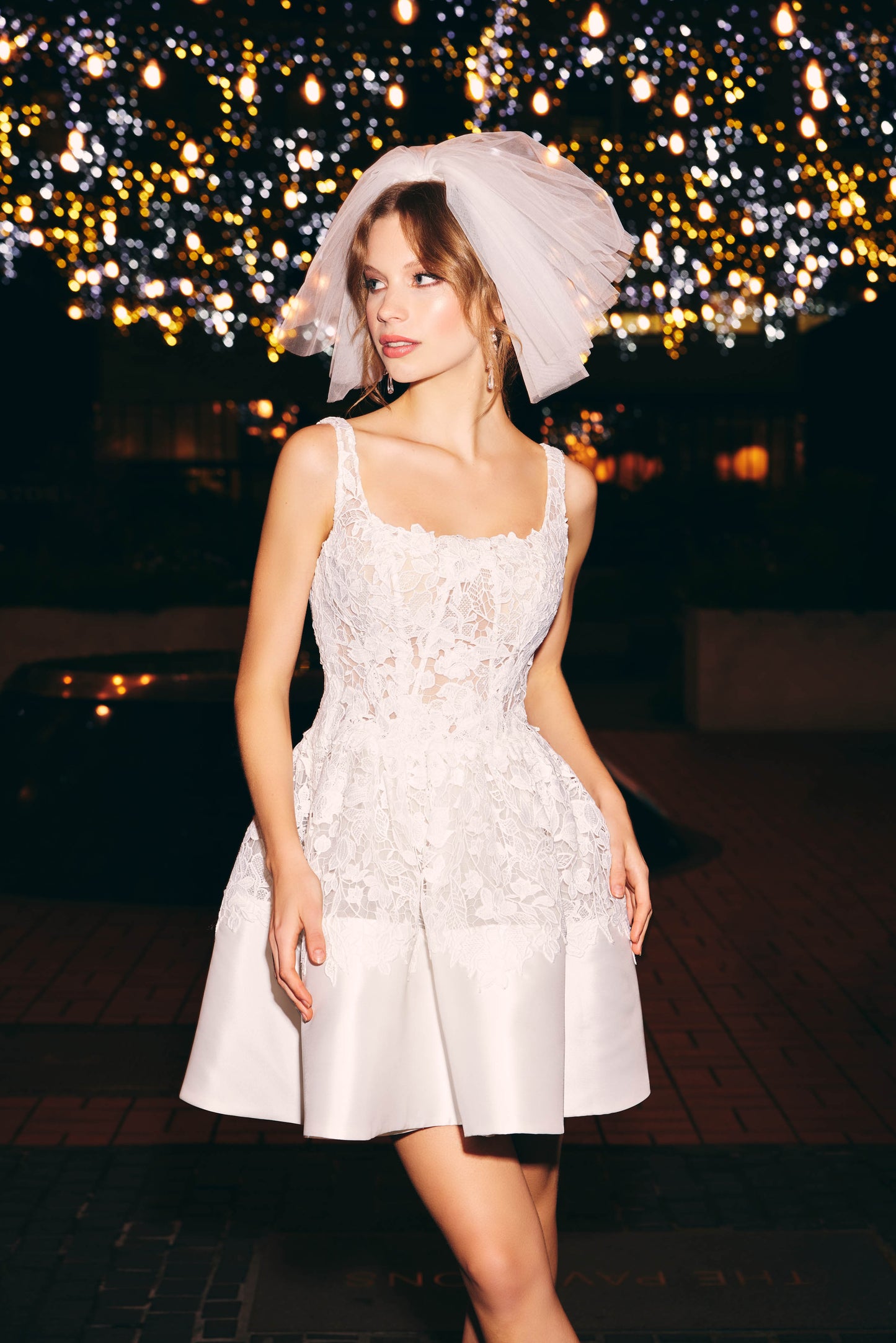 Square neckline mini bridal dress with floral lace and A line skirt 