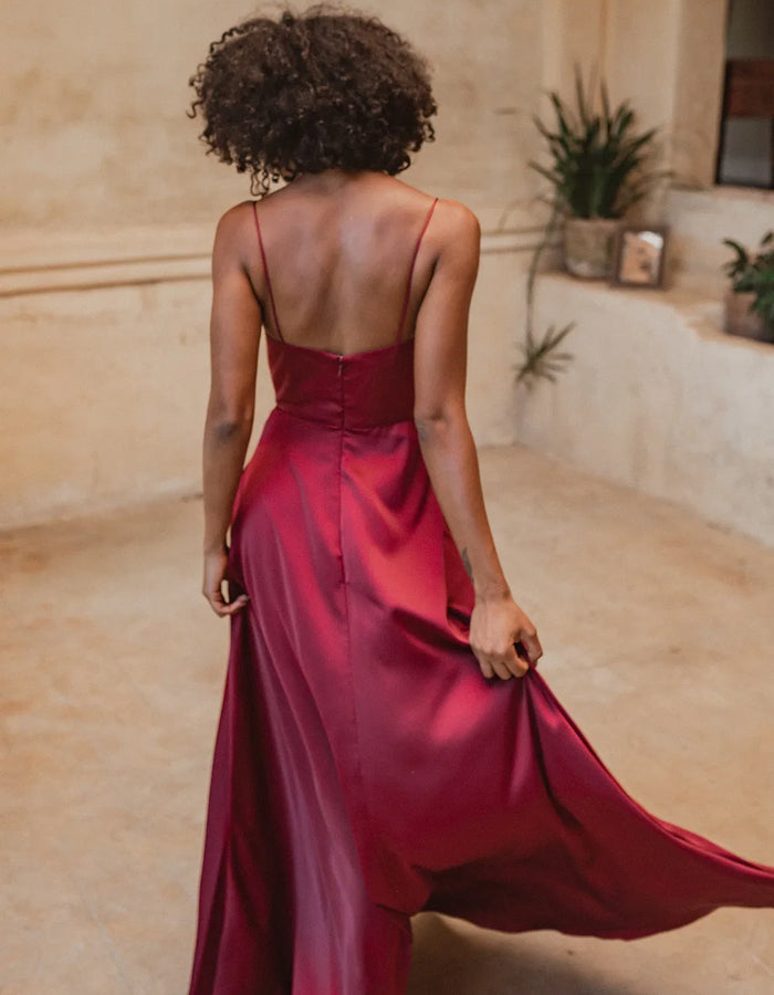 Back view of Denver bridesmaid dress with shoestring straps. A-line skirt with centre back zip running from top of bodice.