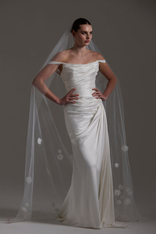 Tulle bridal Veil with 3D flowers trailing behind 