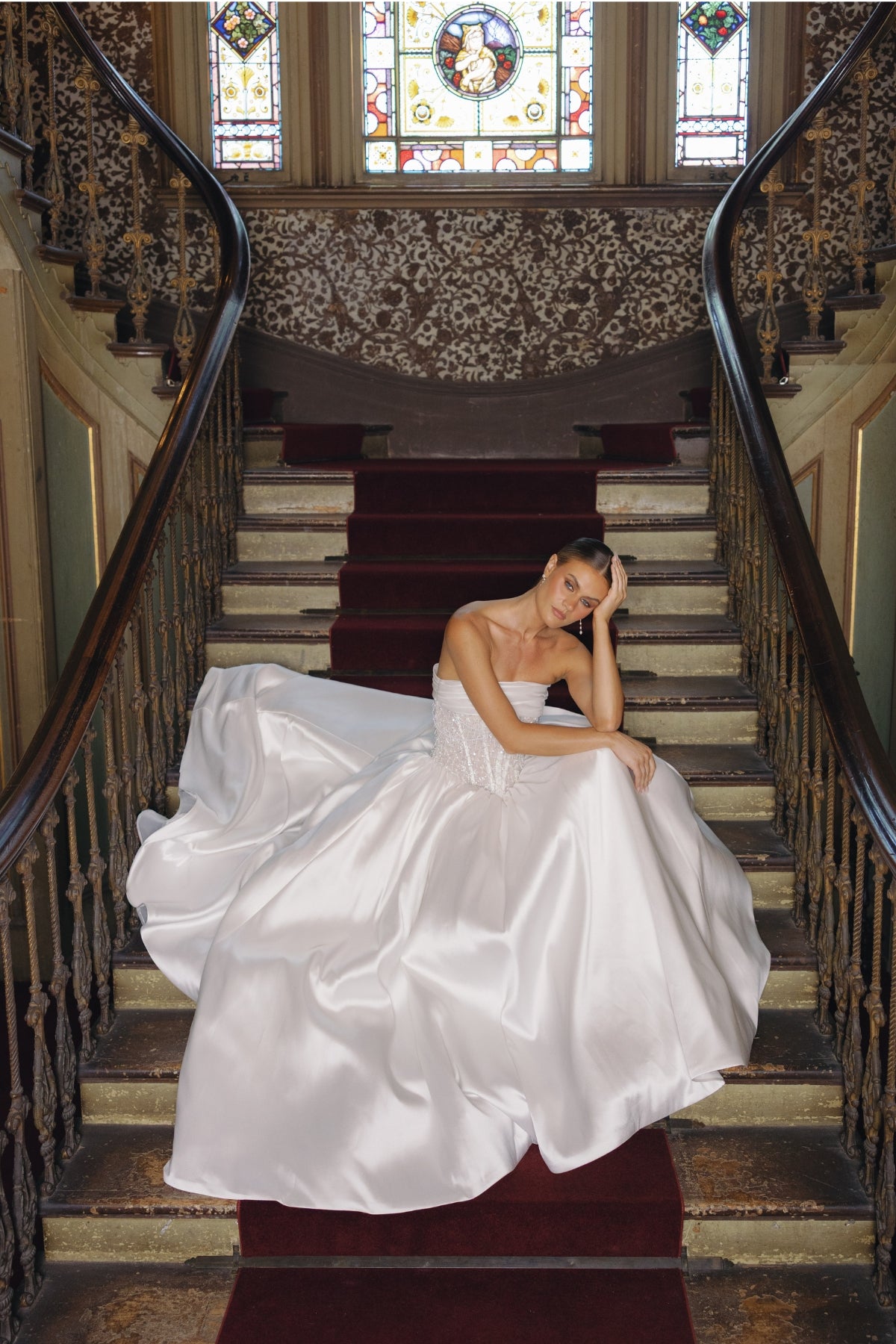 strapless A-line wedding gown with beaded pearl and crystal bodice, mikado fabric. 