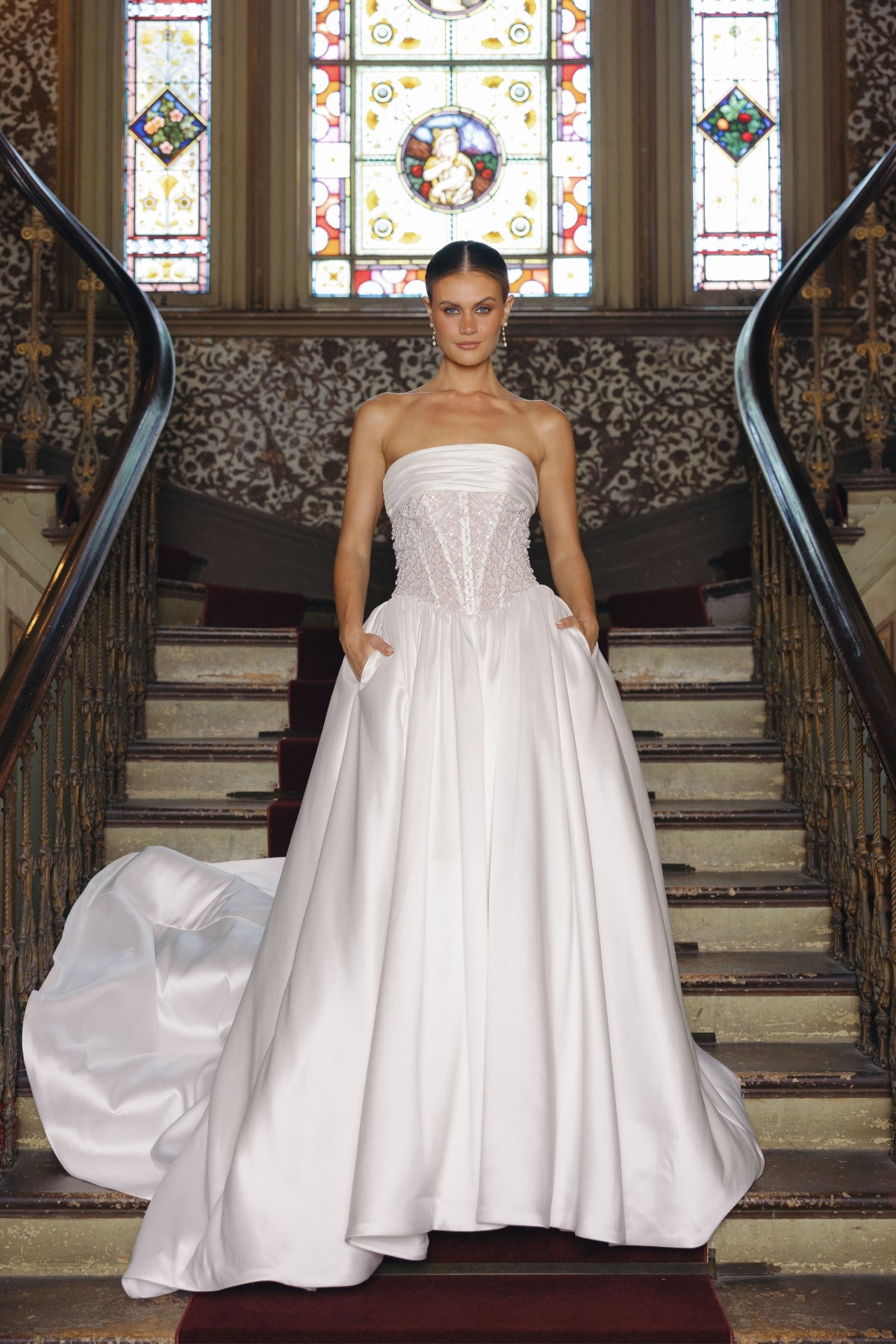 strapless A-line wedding gown with beaded pearl and crystal bodice, mikado fabric. 